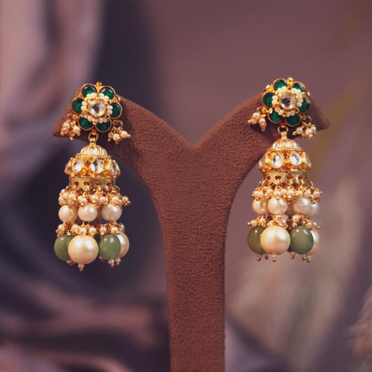 Floral Green Traditional With White Pearl Jhumki