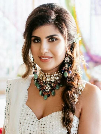 Blue Meena Work Neckalce Set With Sea Green Beads And Light Pink Hangings