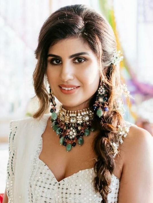 Blue Meena Work Neckalce Set With Sea Green Beads And Light Pink Hangings