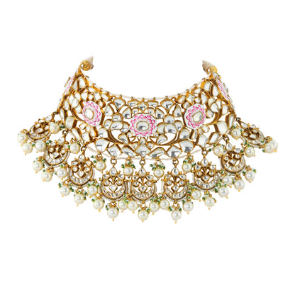 Meenakari worked full neck covering Necklace set with long earrings