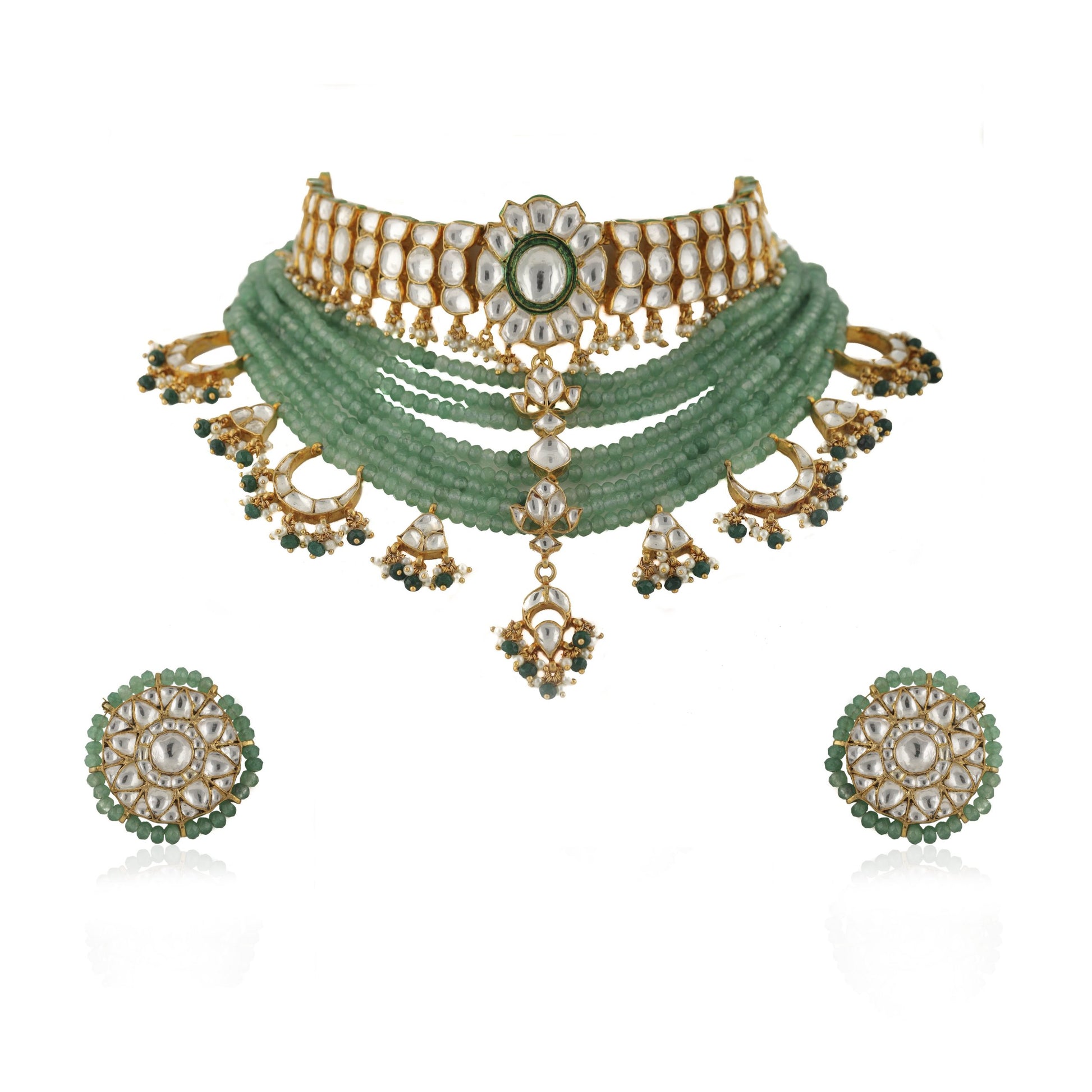WHITE CHOKER SET ATTACHED  IN 8 LINE SEA GREEN BEADS WITH GREEN HANGING