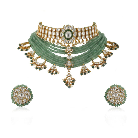 WHITE CHOKER SET ATTACHED  IN 8 LINE SEA GREEN BEADS WITH GREEN HANGING