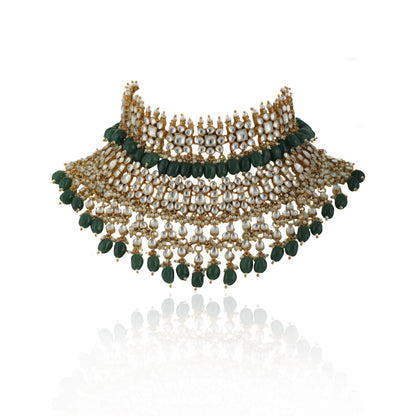 White andGreen jadtar stone shlok 2 line choker with jhumki bridal set