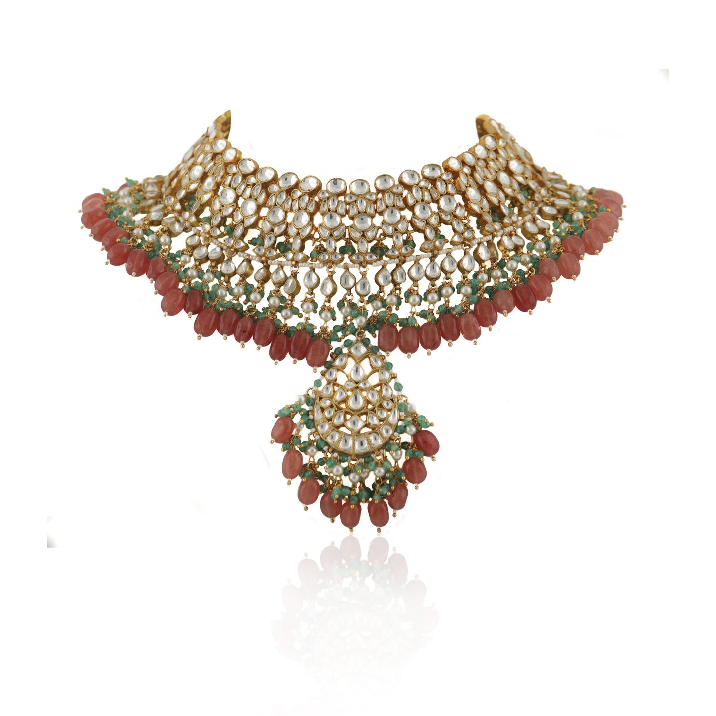 WHITE JADTAR STONE WITH PASTEL PINK & GREEN HEAVY BRIDAL NECKLACE SET