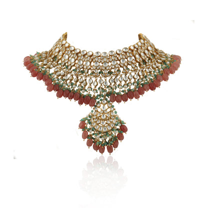 WHITE JADTAR STONE WITH PASTEL PINK & GREEN HEAVY BRIDAL NECKLACE SET