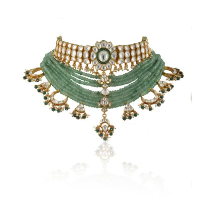 WHITE CHOKER SET ATTACHED  IN 8 LINE SEA GREEN BEADS WITH GREEN HANGING