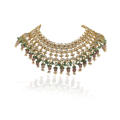 WHITE JADTAR STONE HEAVY BRIDAL NECKLACE SET PESTALPINK BEADS AND JHUMKI
