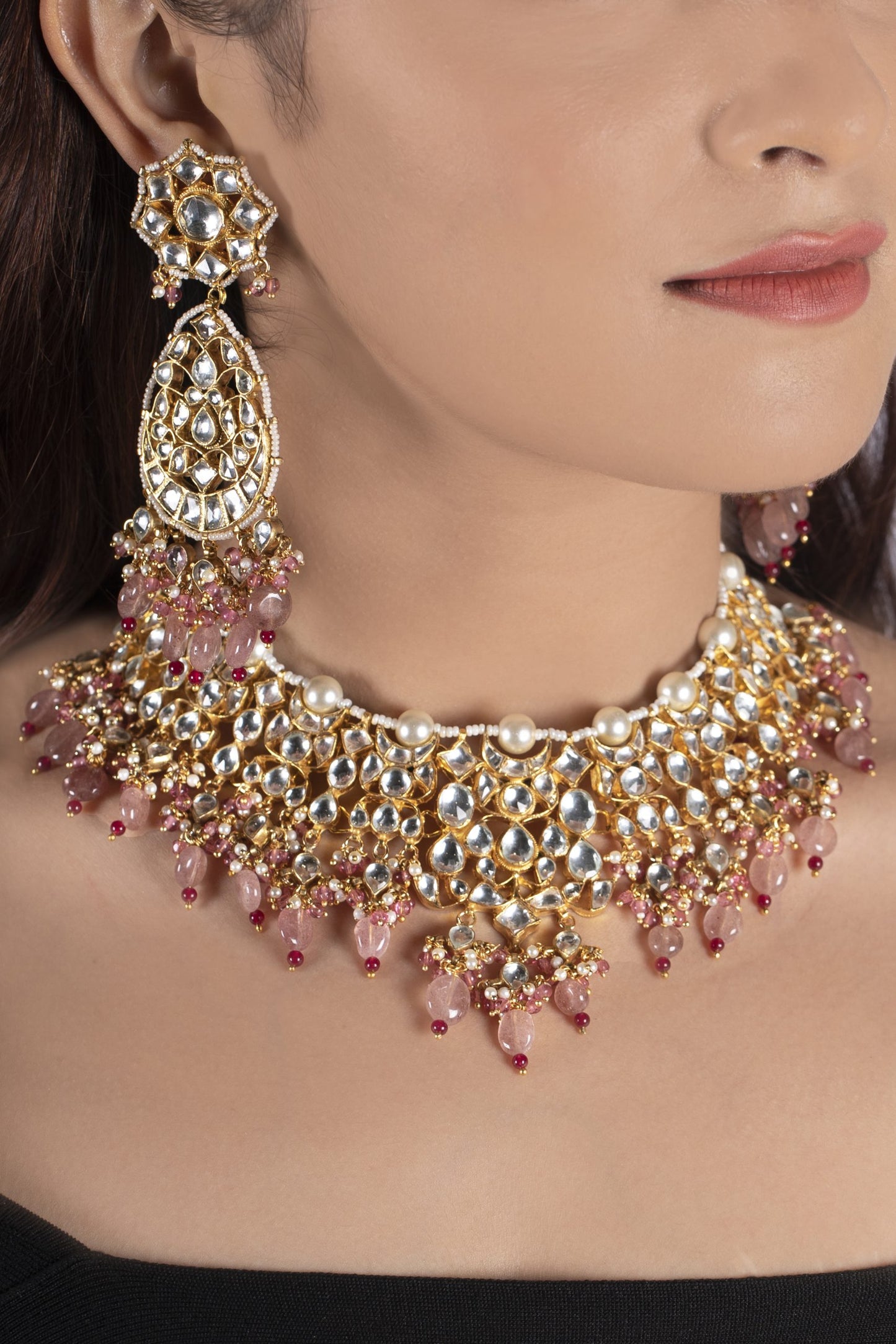 Brown color Jadtar Gold Plated Bridal Necklace