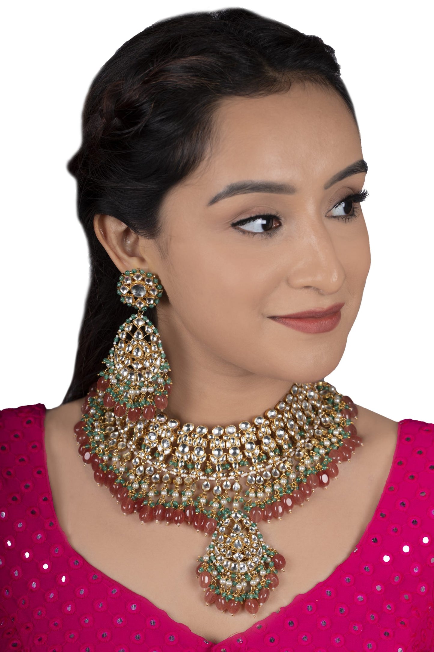 WHITE JADTAR STONE WITH PASTEL PINK & GREEN HEAVY BRIDAL NECKLACE SET