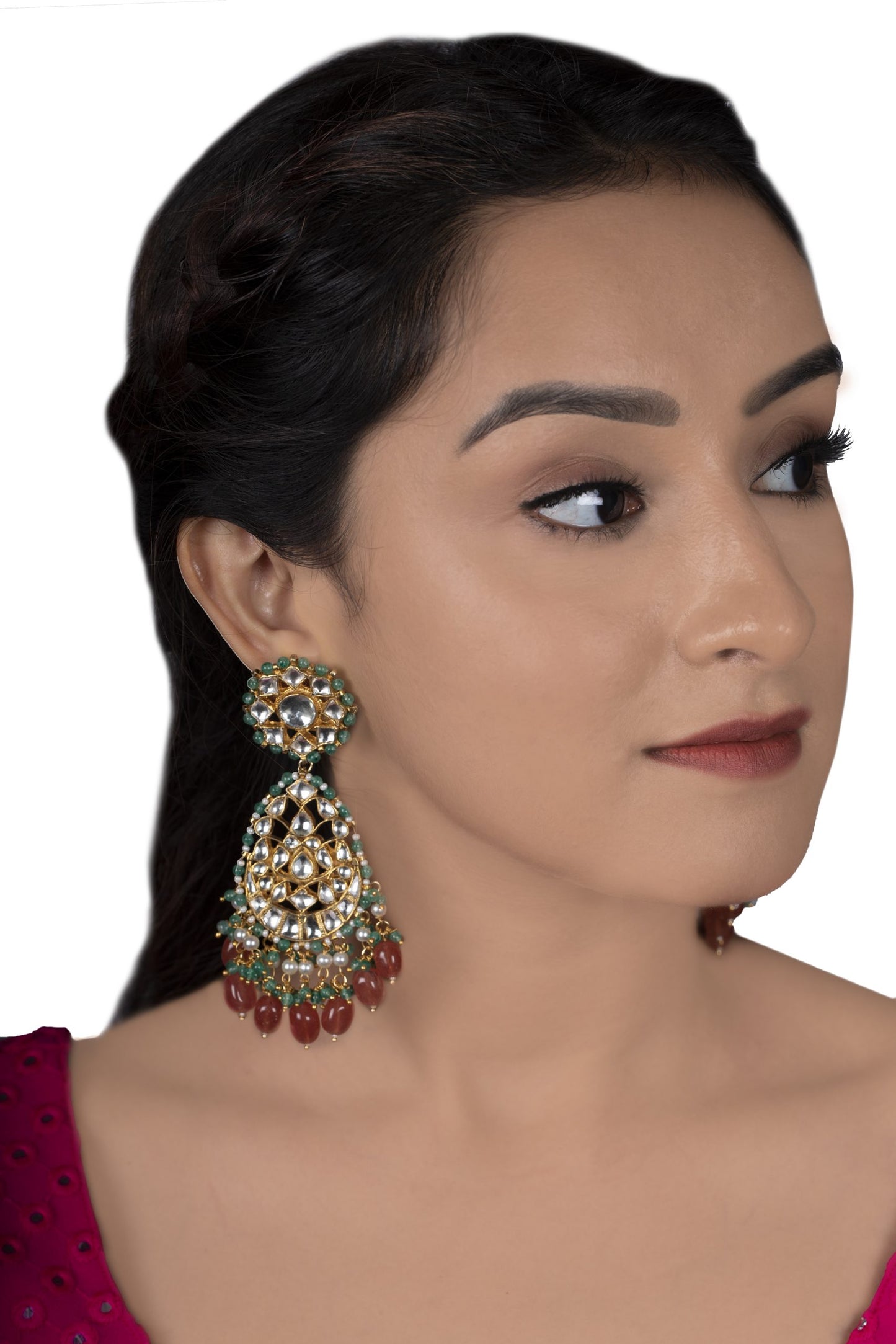 WHITE STONE EARRINGS LIGHT GREEN HANGINGS WITH PASTEL PINK BEADS