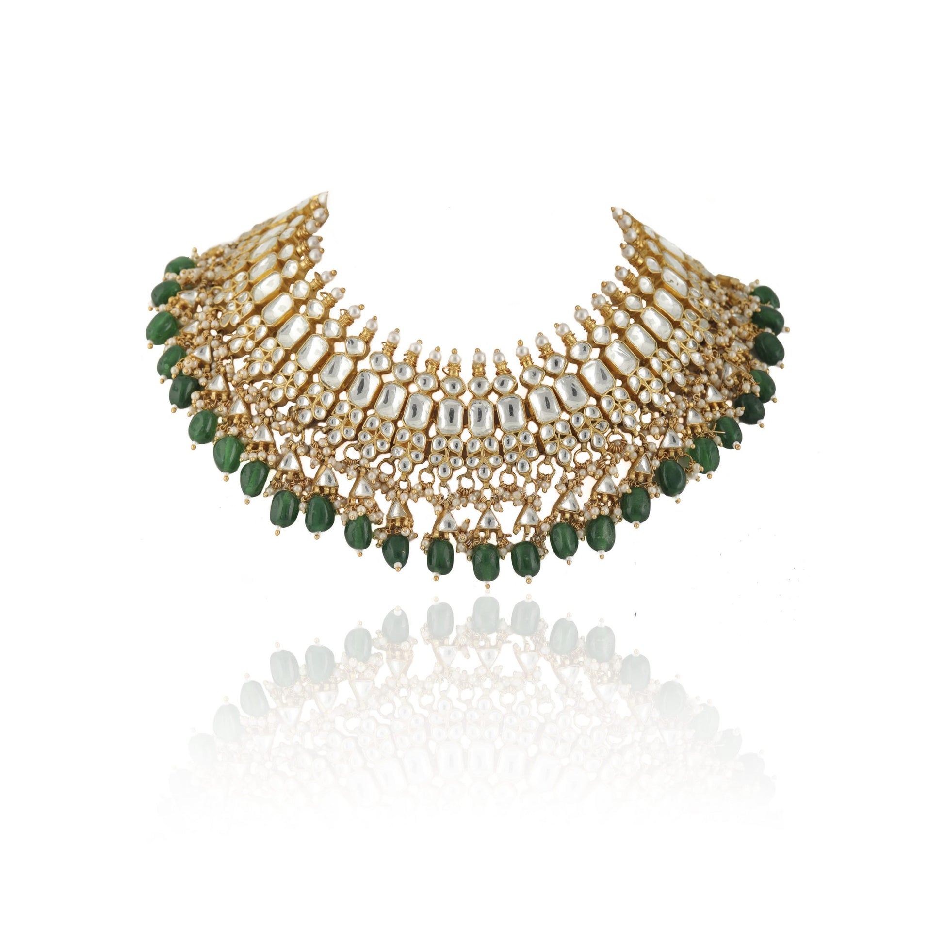 22Kt Gold Plated Emerald & Pearl Necklace Set