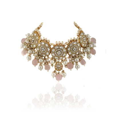 WHITE JADTAR STONE NECKLACE SET LIGHT PINK BEADS WITH PERAL