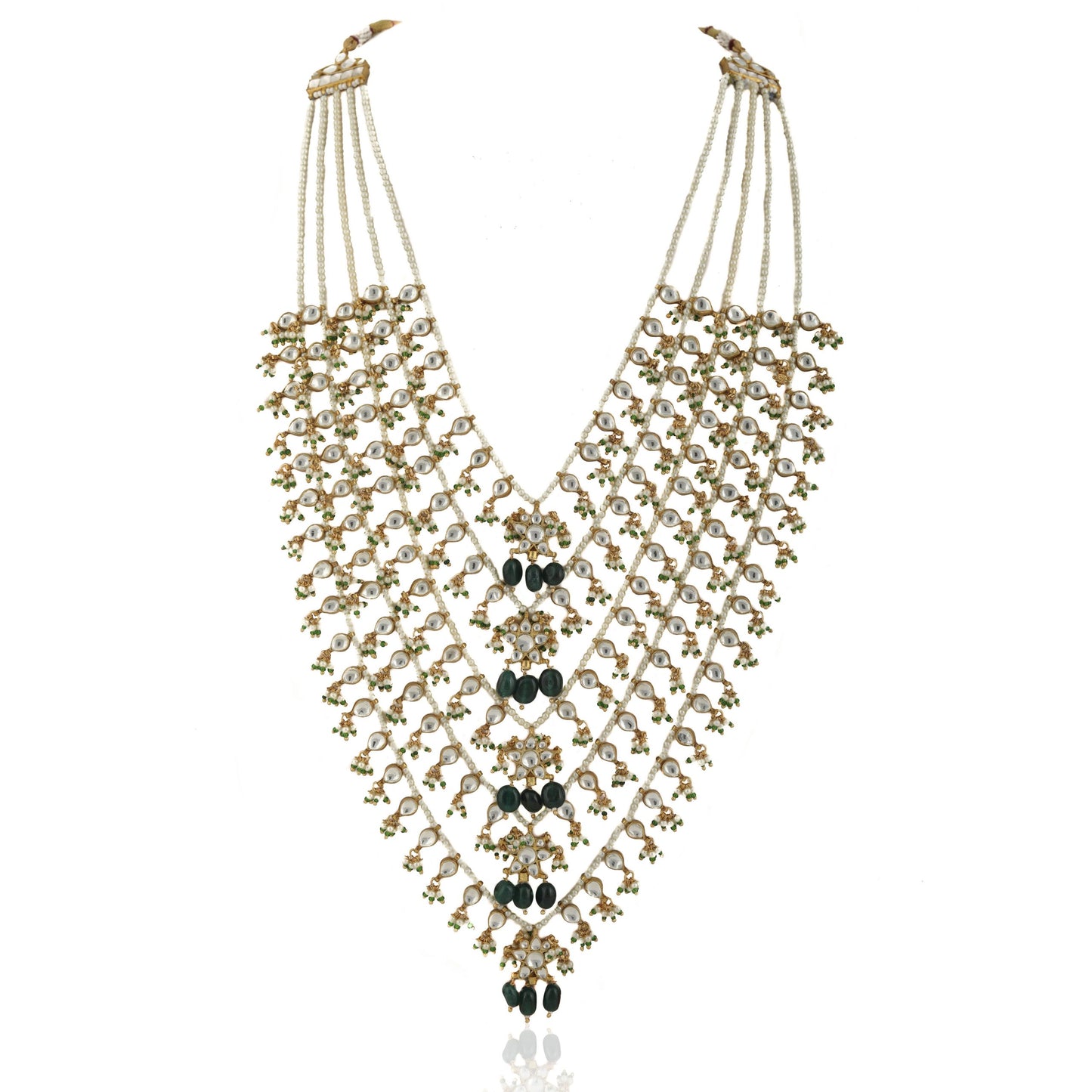 GREEN AND WHITE 5 LINE SET MIDDLE FLOWER SHAPE ON PEARL STRING 