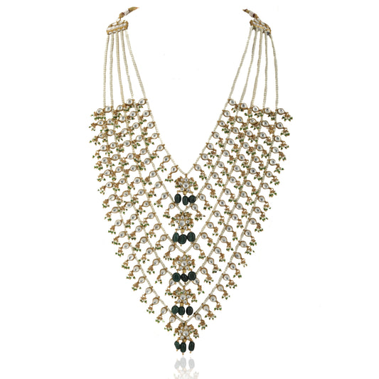 GREEN AND WHITE 5 LINE SET MIDDLE FLOWER SHAPE ON PEARL STRING 