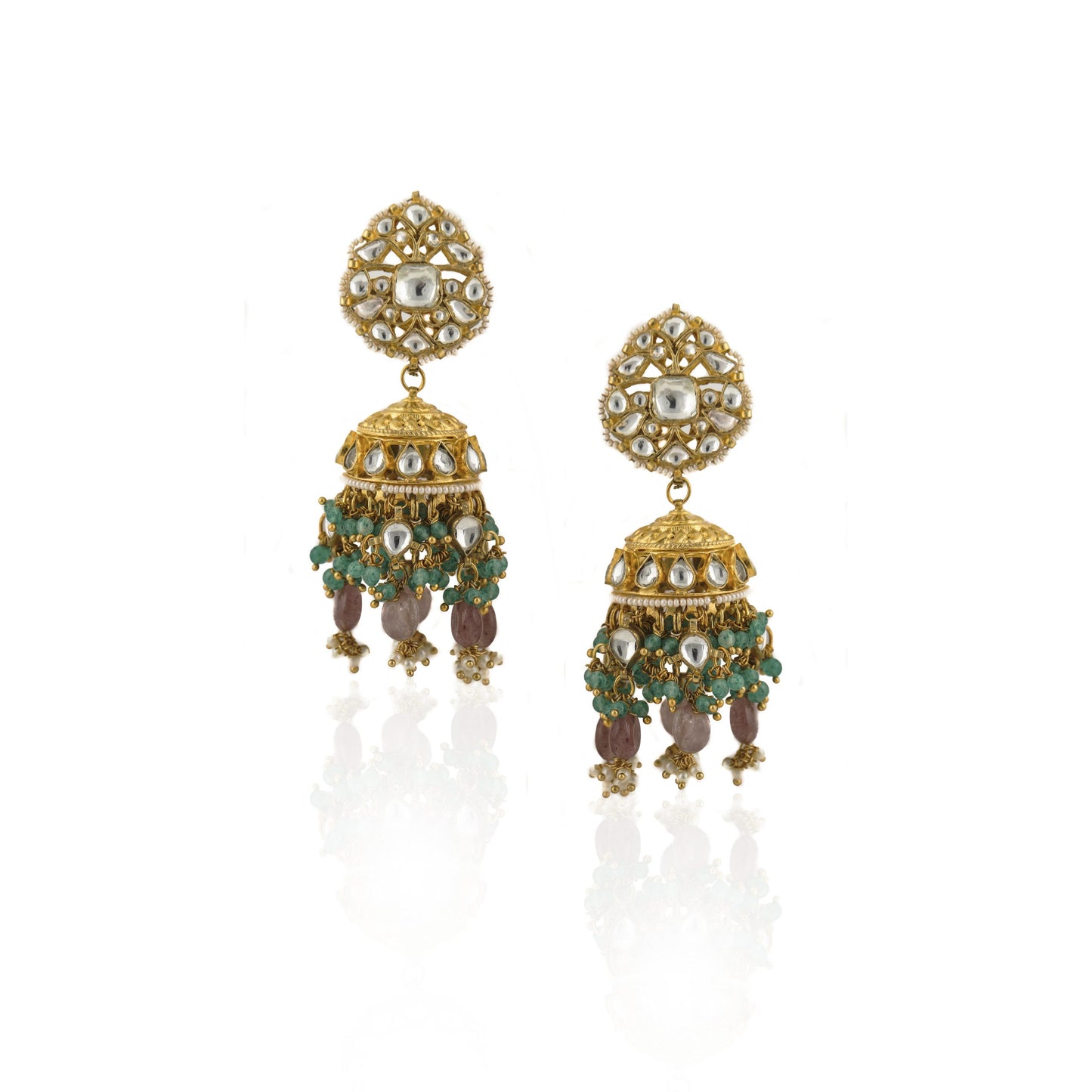WHITE JADTAR STONE HEAVY BRIDAL NECKLACE SET PESTALPINK BEADS AND JHUMKI