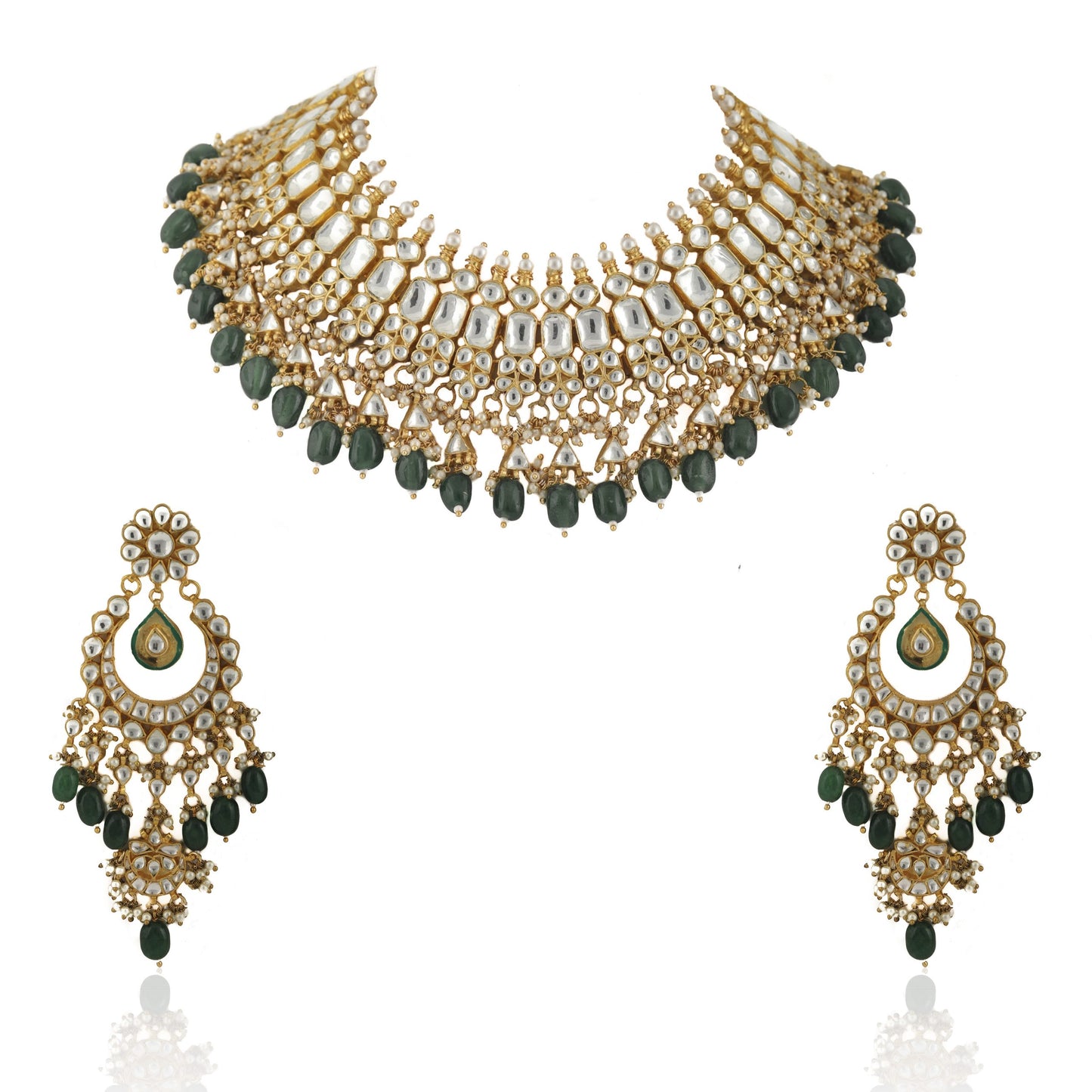 22Kt Gold Plated Emerald & Pearl Necklace Set