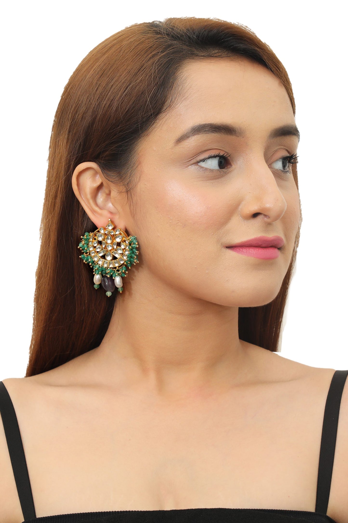 SEA GREEN BEAD EARRING WHITE JADTAR STONE AND PURPLE BEAD