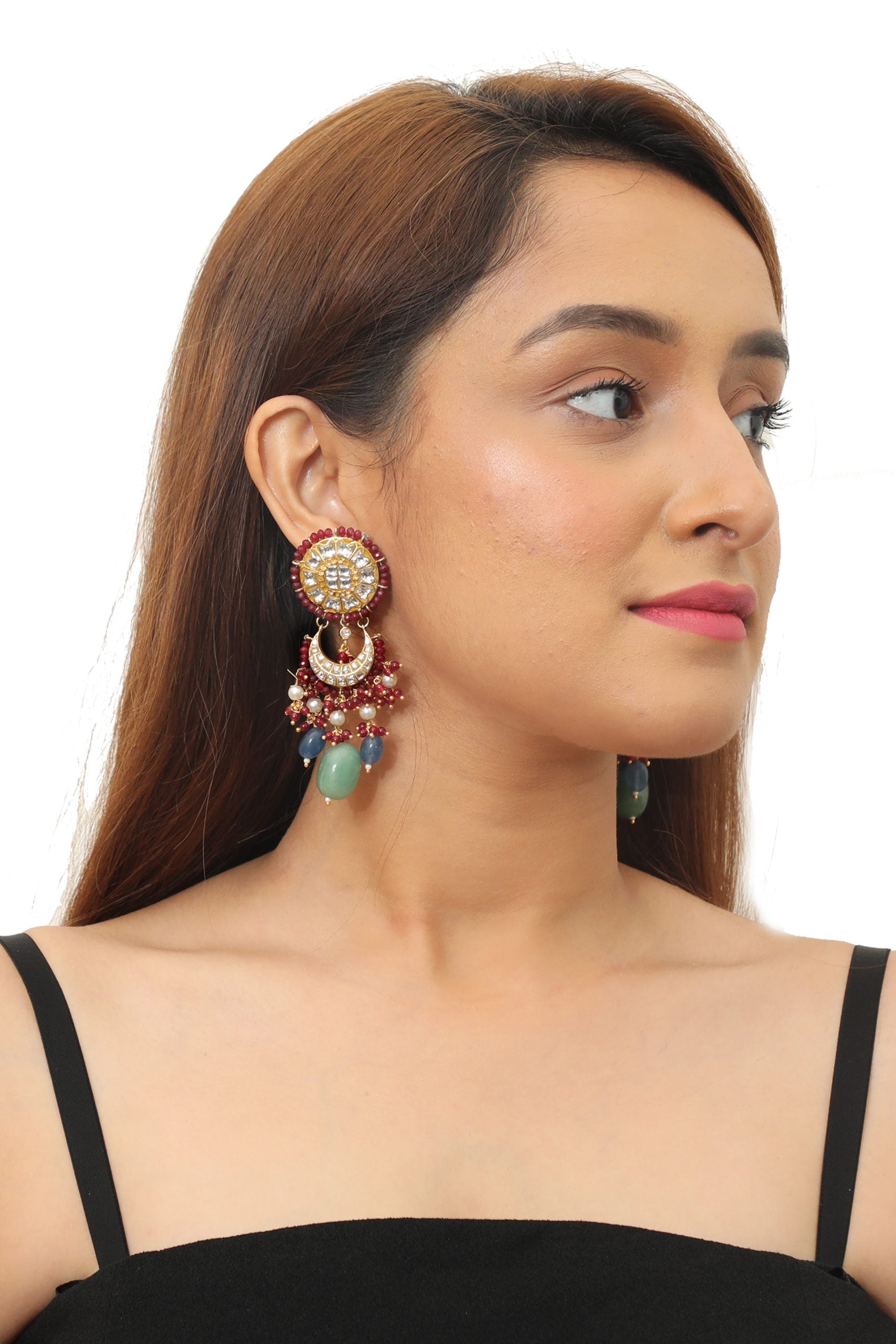 RED MOTI WORK WITH JADTAR STONE NECKLACE SET N WITH SEA GREEN BEADS AND BLUE BEADS