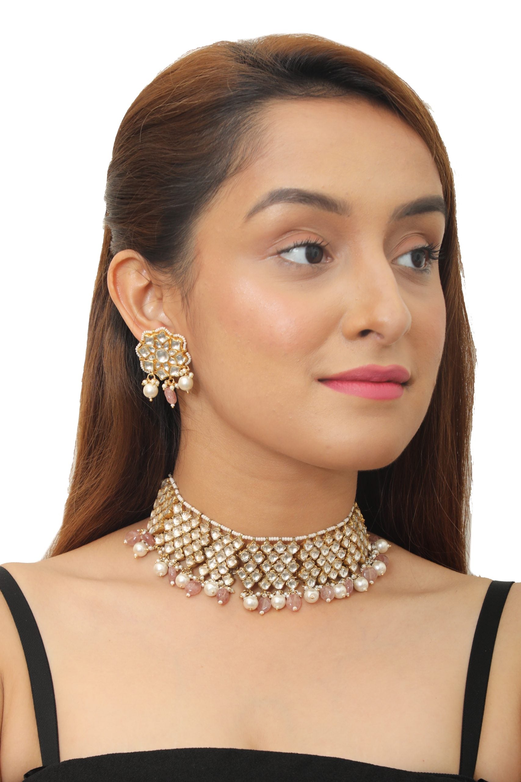 White Stone And  Light Pink Beads Choker Set 