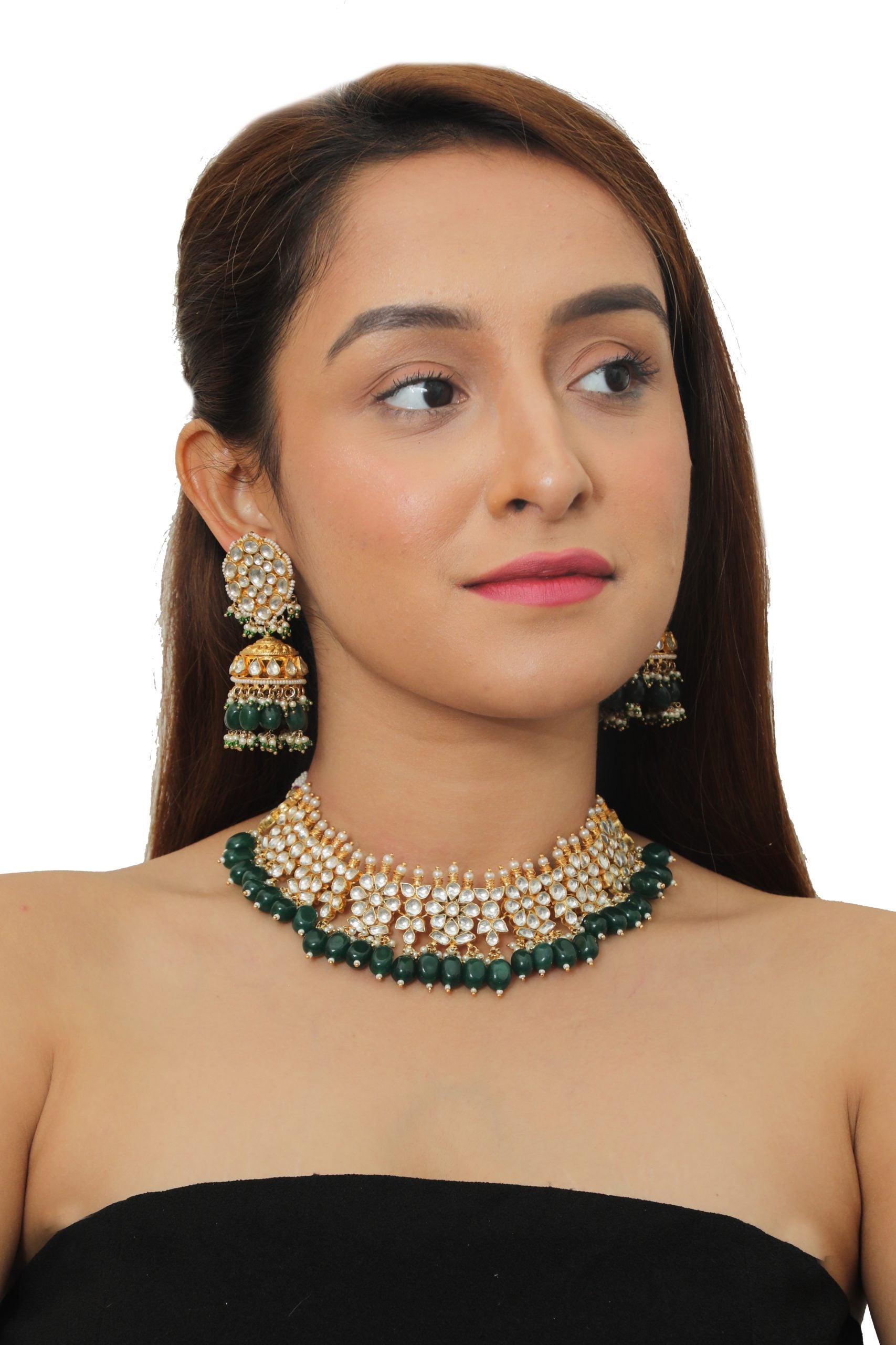 WHITE FLOWER GREEN BEADS WHITE JADTAR STONE NECKLACE SET