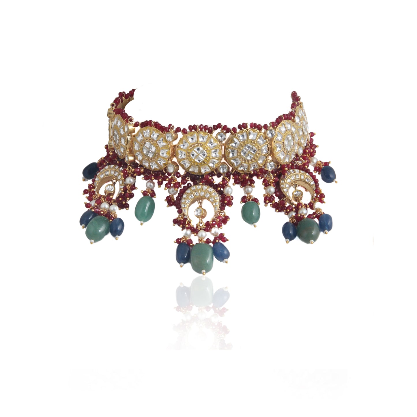 RED MOTI WORK WITH JADTAR STONE NECKLACE SET N WITH SEA GREEN BEADS AND BLUE BEADS