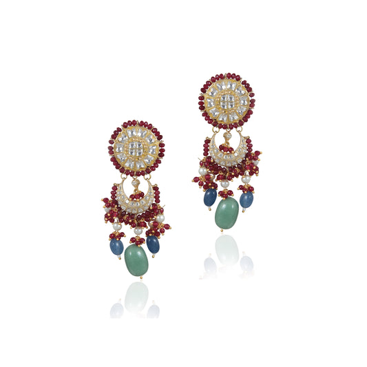 RED MOTI WORK WITH JADTAR STONE NECKLACE SET N WITH SEA GREEN BEADS AND BLUE BEADS