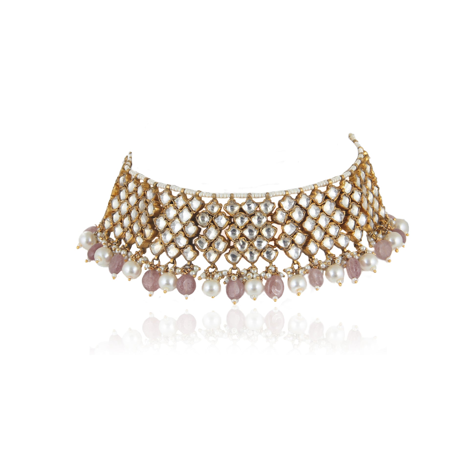 White Stone And  Light Pink Beads Choker Set 