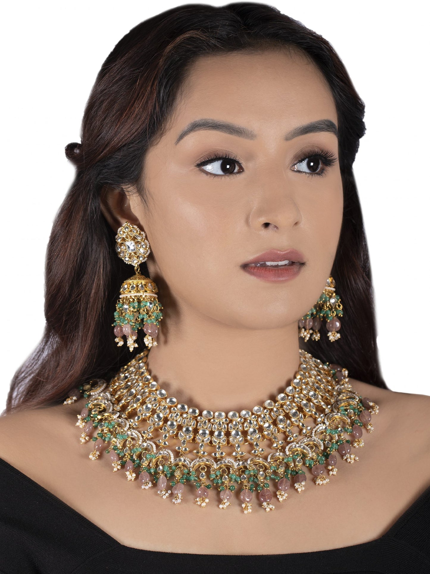 WHITE JADTAR STONE HEAVY BRIDAL NECKLACE SET PESTALPINK BEADS AND JHUMKI