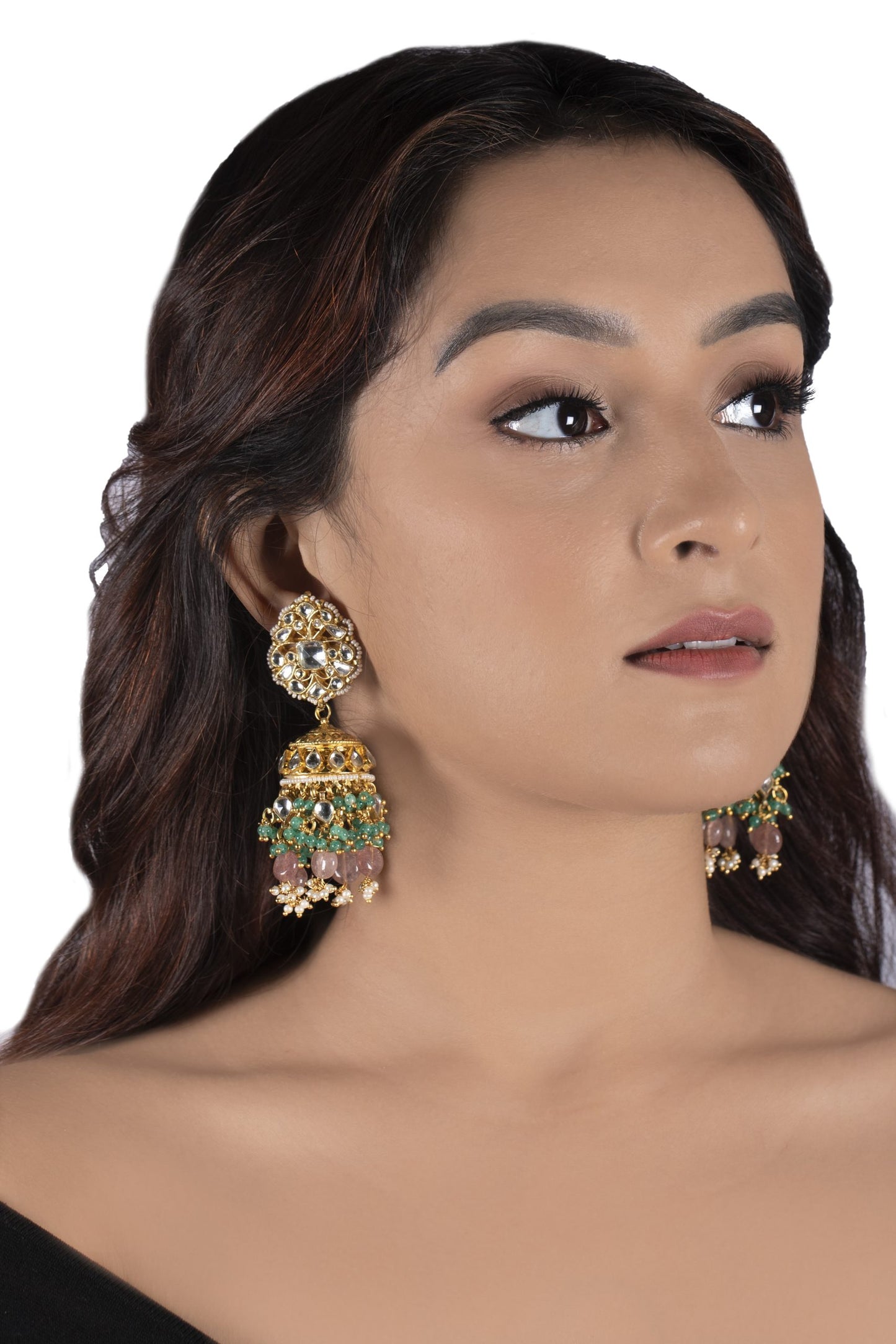 WHITE JADTAR STONE HEAVY BRIDAL NECKLACE SET PESTALPINK BEADS AND JHUMKI