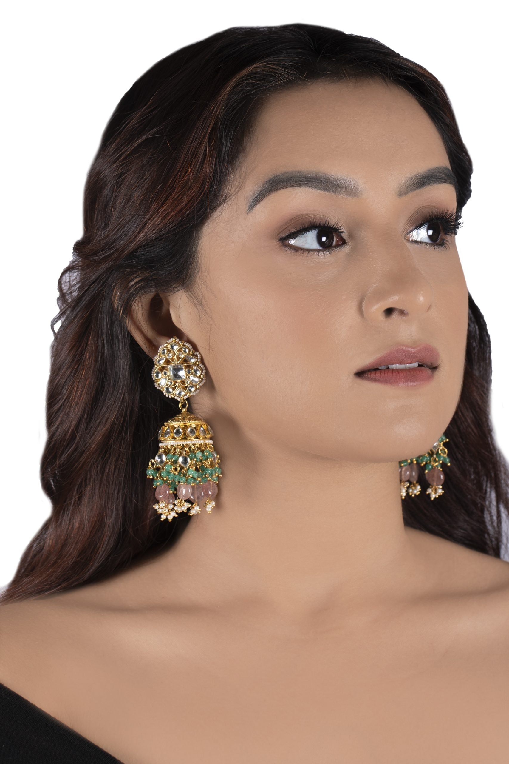 WHITE JADTAR STONE HEAVY BRIDAL NECKLACE SET PESTALPINK BEADS AND JHUMKI