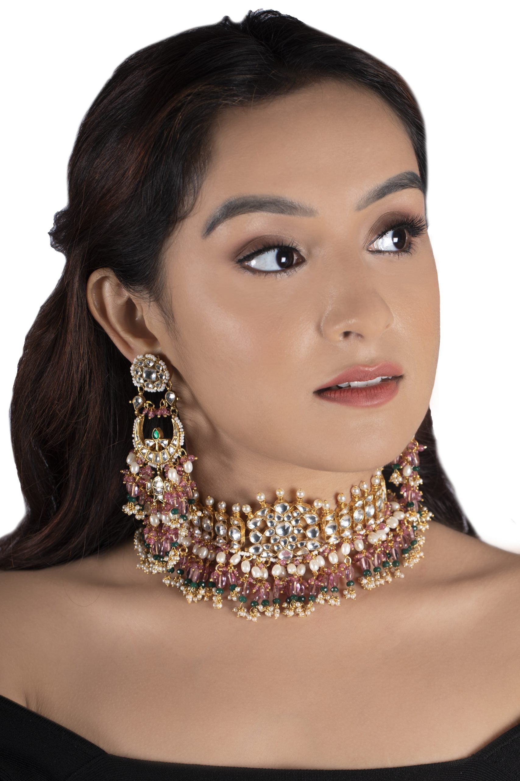 WHITE STONE NACKLACE SET WITH LIGHT PINK BEADS AND WHITE PEARL