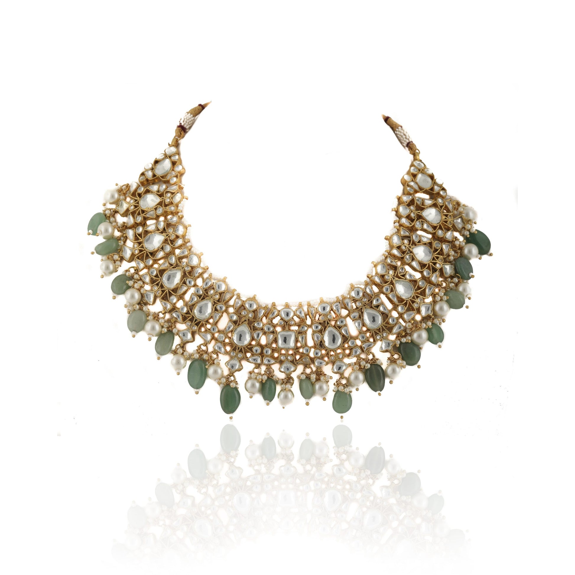 WHITE STONE NECKLACE SET WITH PEARL AND SEA GREEN BEADS