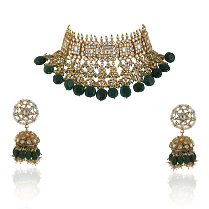 SQUARE SHAPE NECKLACE HANGING WITH BIG DARK GREEN BEADS 