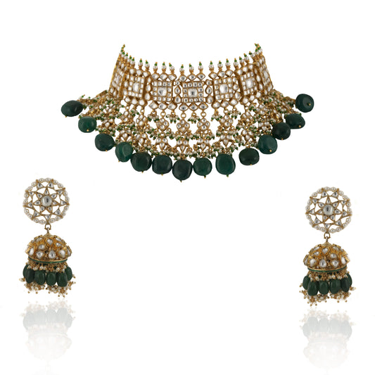 SQUARE SHAPE NECKLACE HANGING WITH BIG DARK GREEN BEADS 