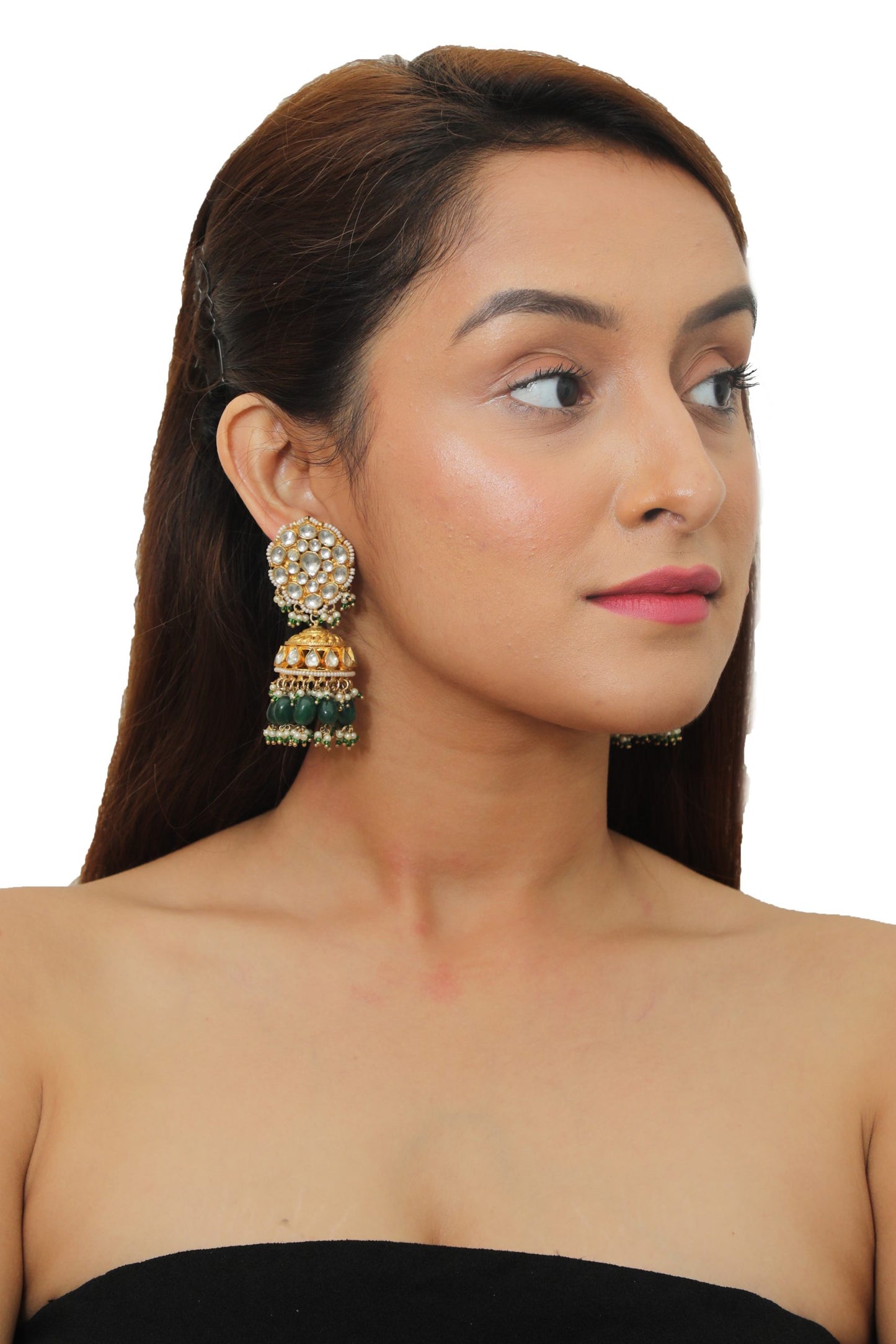 WHITE FLOWER GREEN BEADS WHITE JADTAR STONE NECKLACE SET