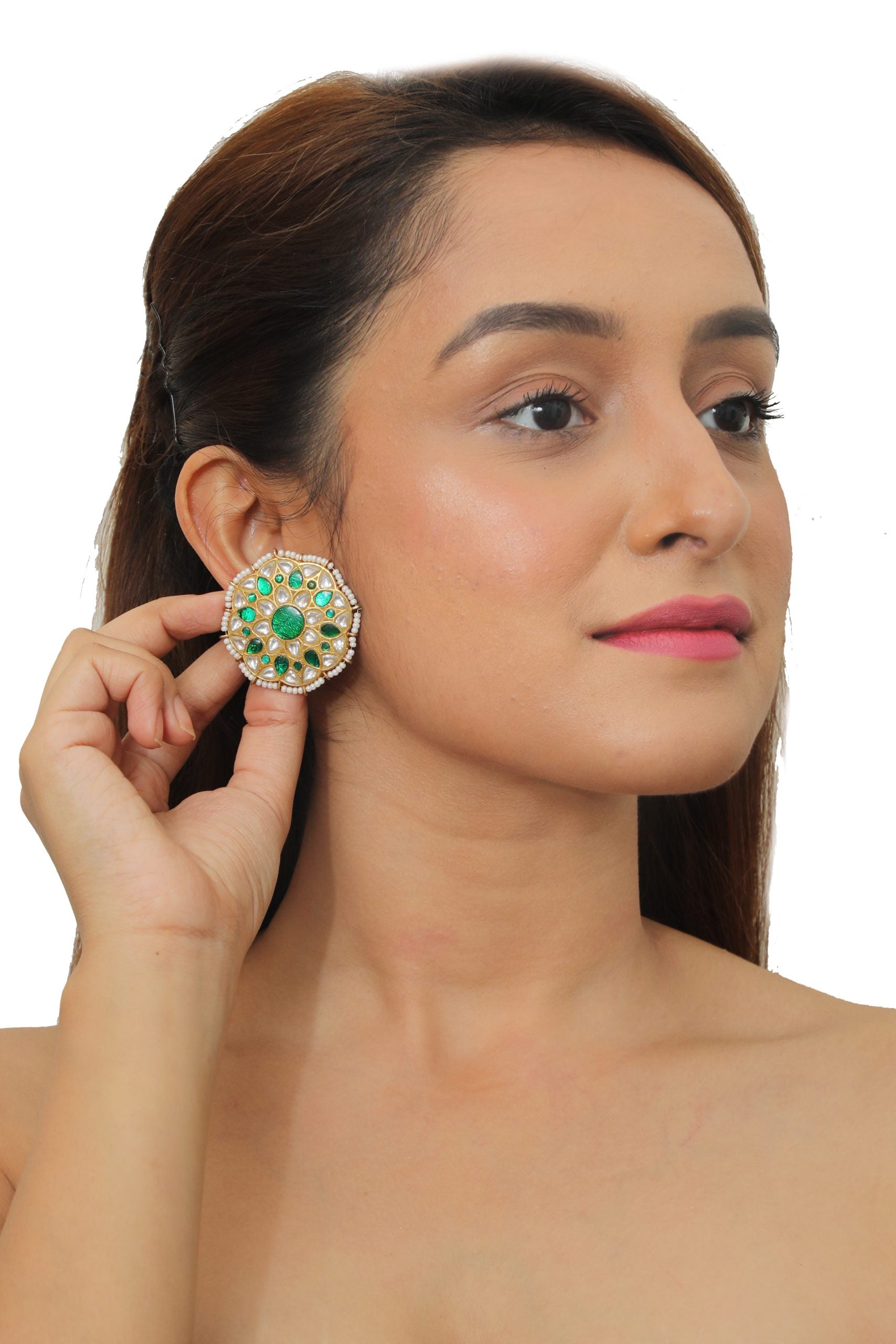 GREEN AND WHITE JADTAR STONE STUDS