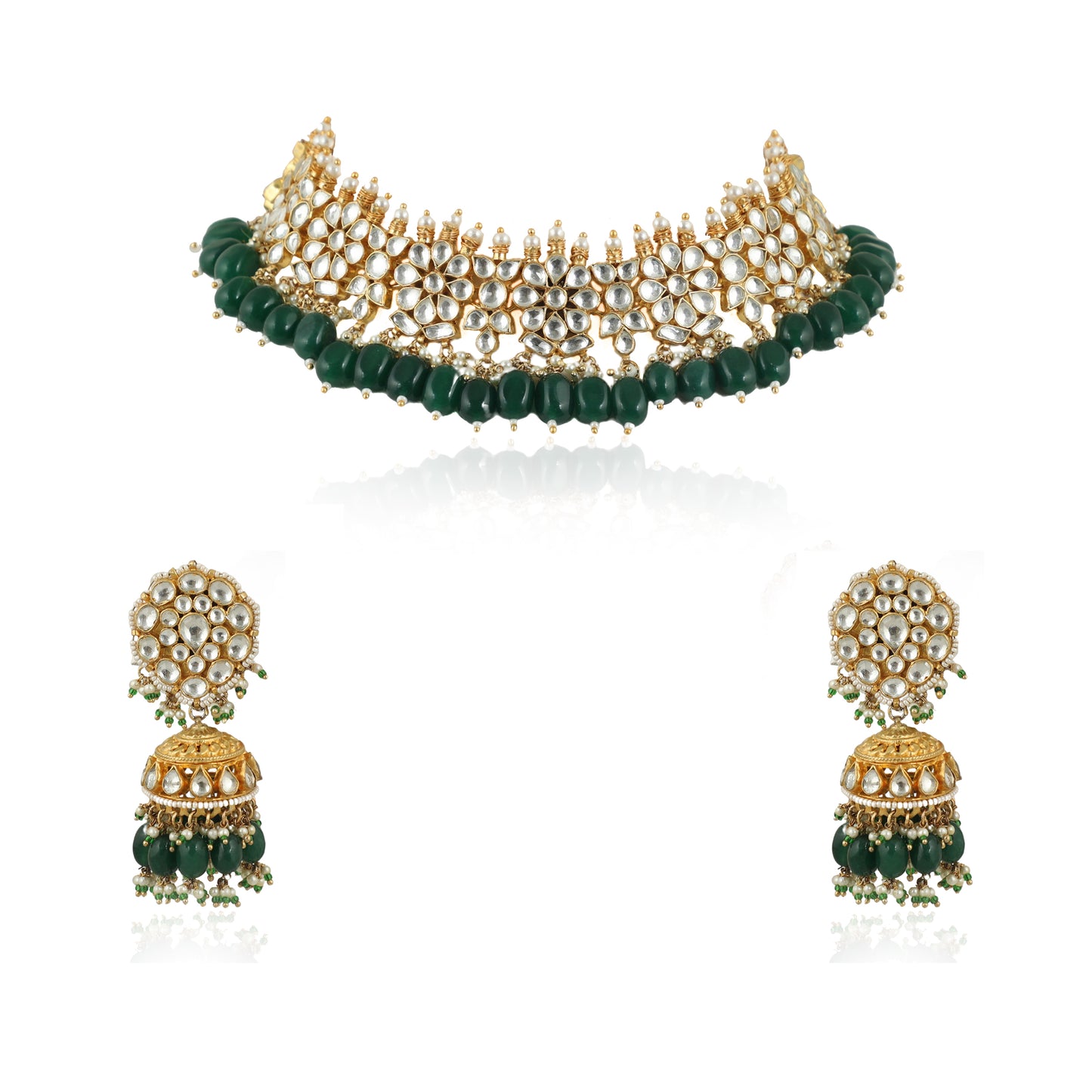 WHITE FLOWER GREEN BEADS WHITE JADTAR STONE NECKLACE SET
