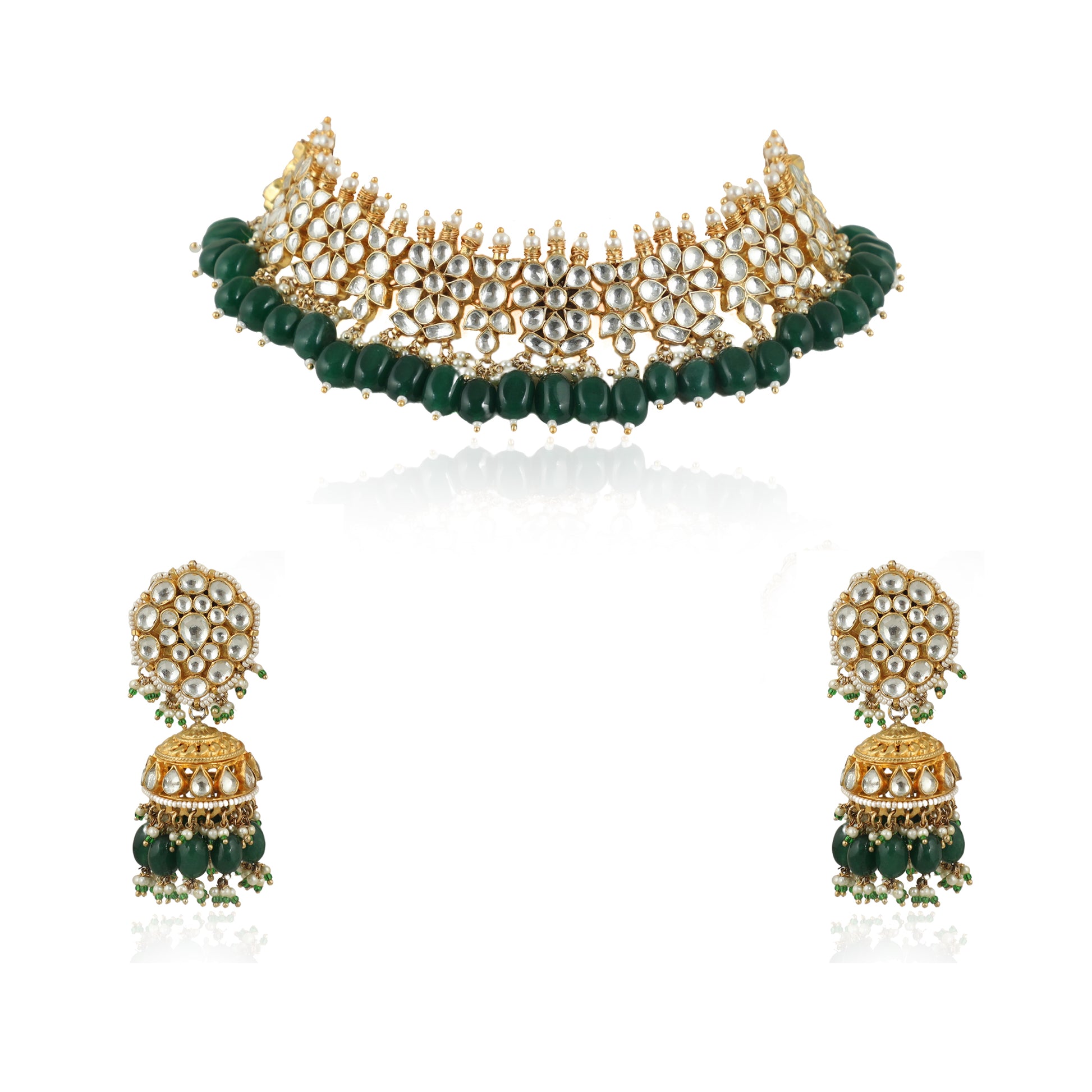 WHITE FLOWER GREEN BEADS WHITE JADTAR STONE NECKLACE SET
