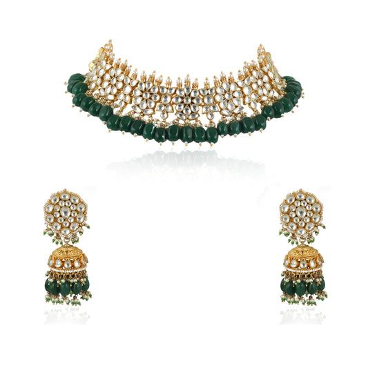 WHITE FLOWER GREEN BEADS WHITE JADTAR STONE NECKLACE SET