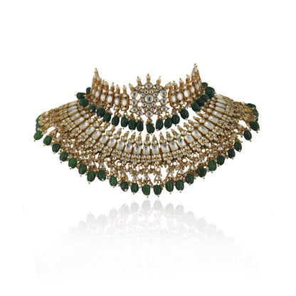 WHITE JADTAR STONE DOUBLE NECKLACESET WITH GREEN BEADS