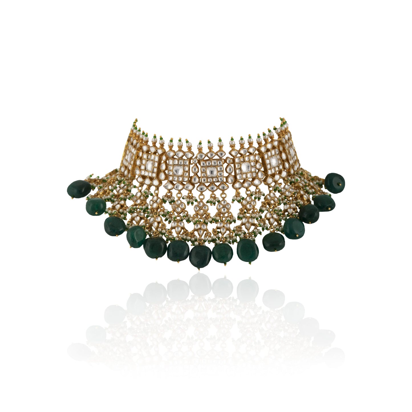 SQUARE SHAPE NECKLACE HANGING WITH BIG DARK GREEN BEADS 