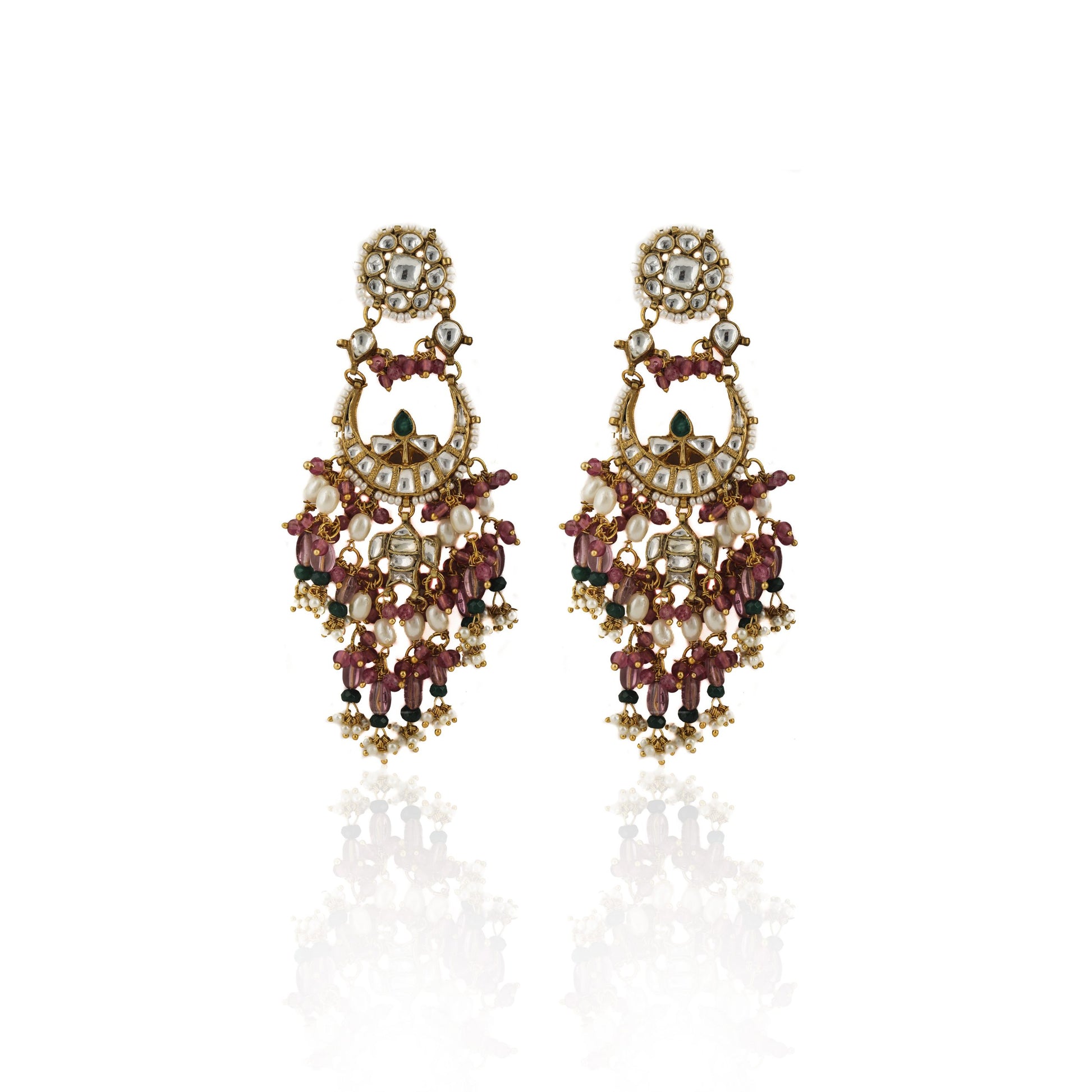 SMALL CHAND BAALIS EARRINGS WITH LIGHT PINK BEADS AND SMALL GREEN BEADS