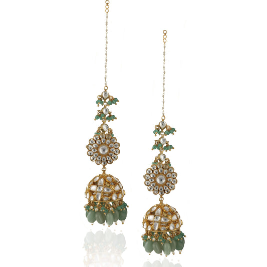  WHITE STONE JHUMKI AND SEA GREEN BEADS WITH WHITE HANGING ATTACHED EAR CHAIN 