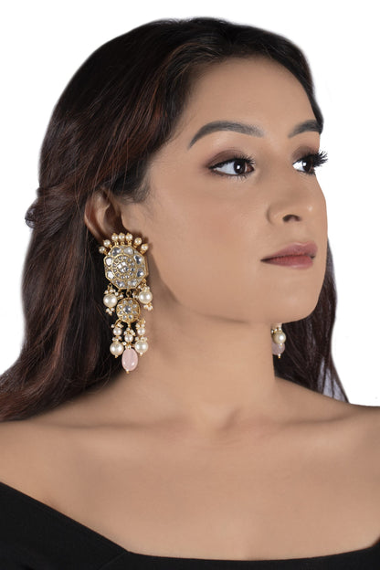 WHITE JADTAR STONE EARRINGS WITH PEARL AND LIGHT PINK BEADS