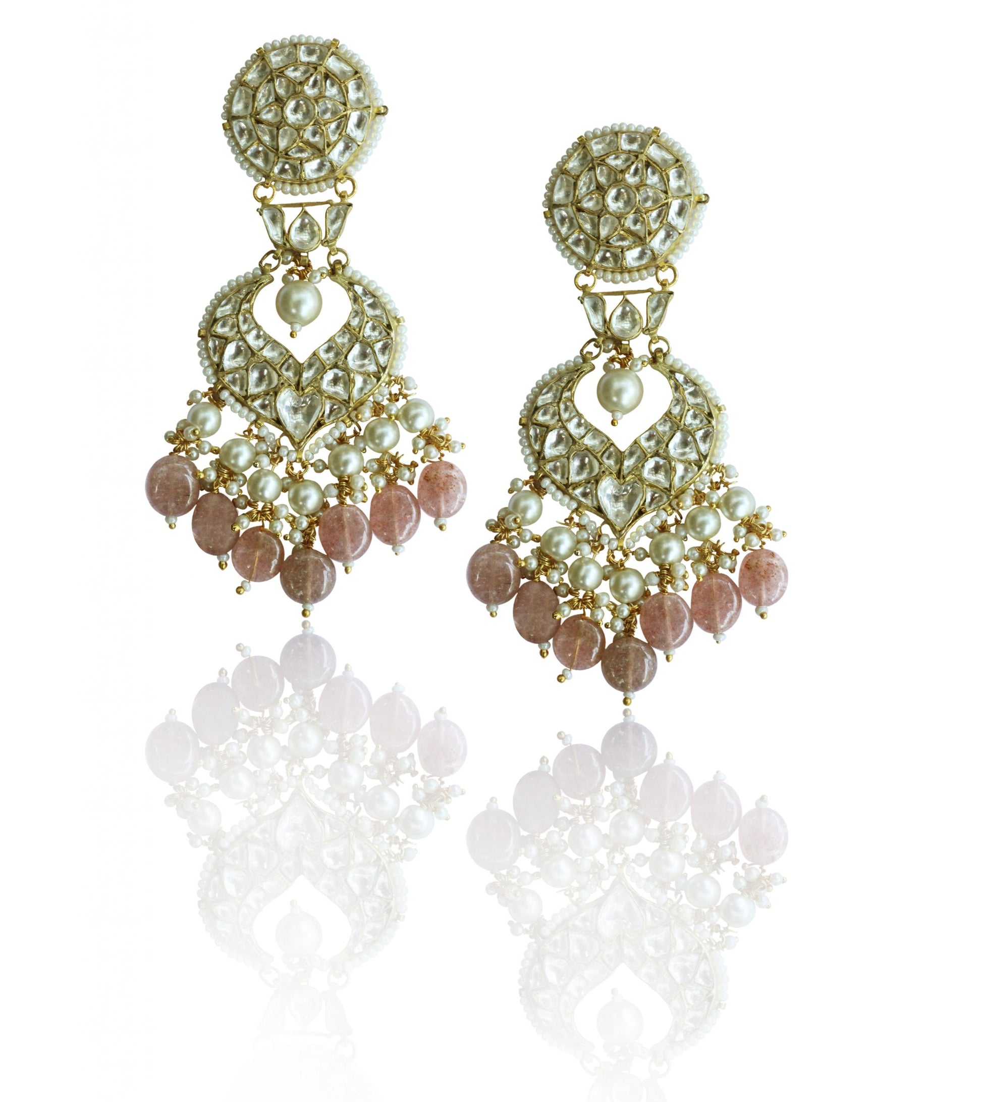 WHITE JADTAR STONE EARRINGS WITH 2 LAYER PEARL PESTLE PINK BEADS 