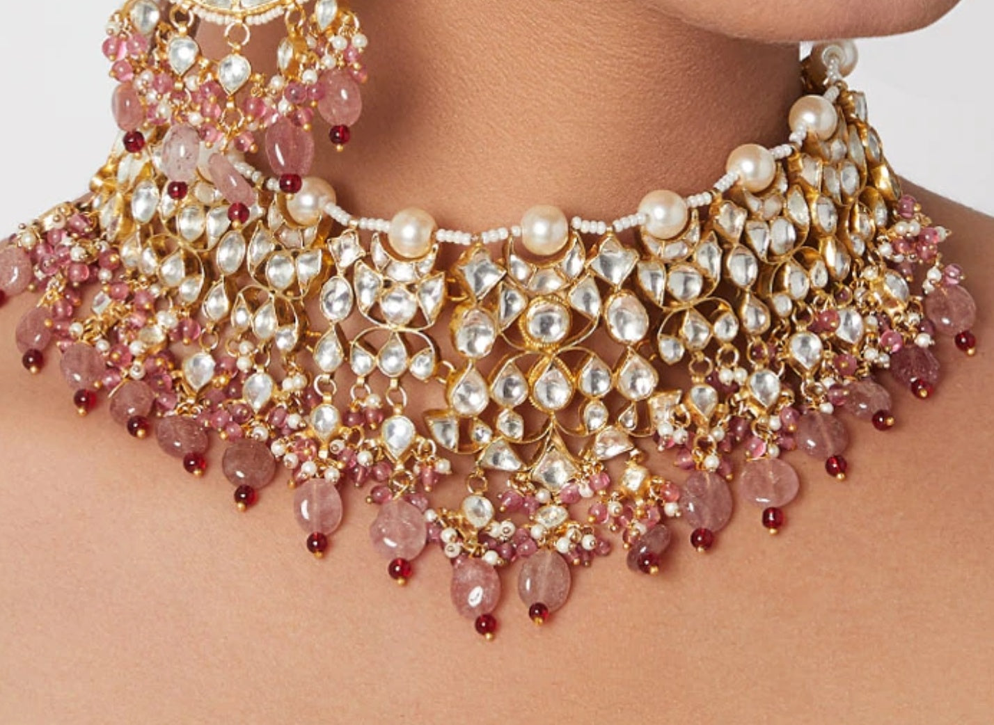 Brown color Jadtar Gold Plated Bridal Necklace