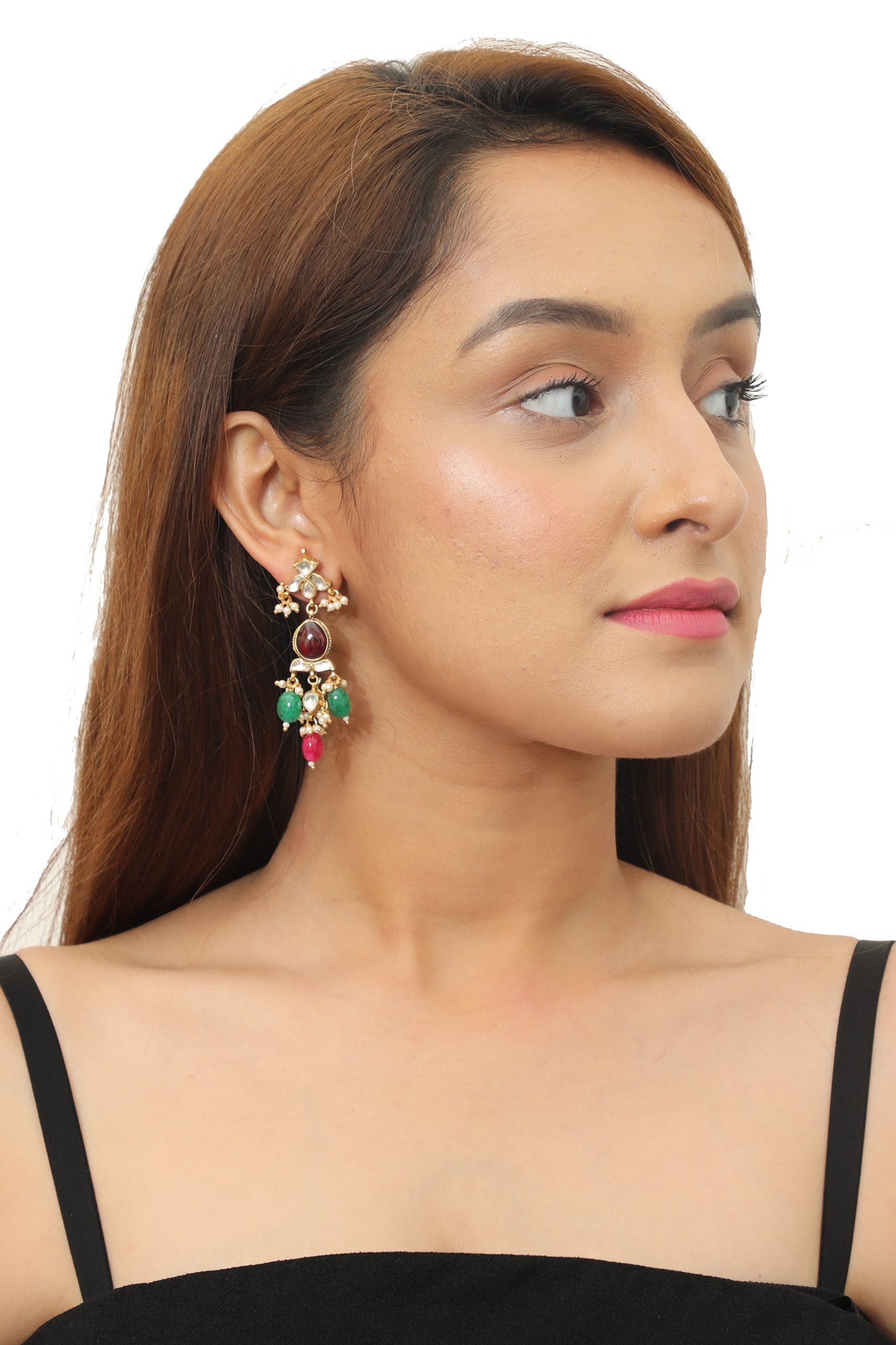 GREEN,PINK & BROWN THREE COLOUR EARRING WITH WHITE JADTAR STONE 
