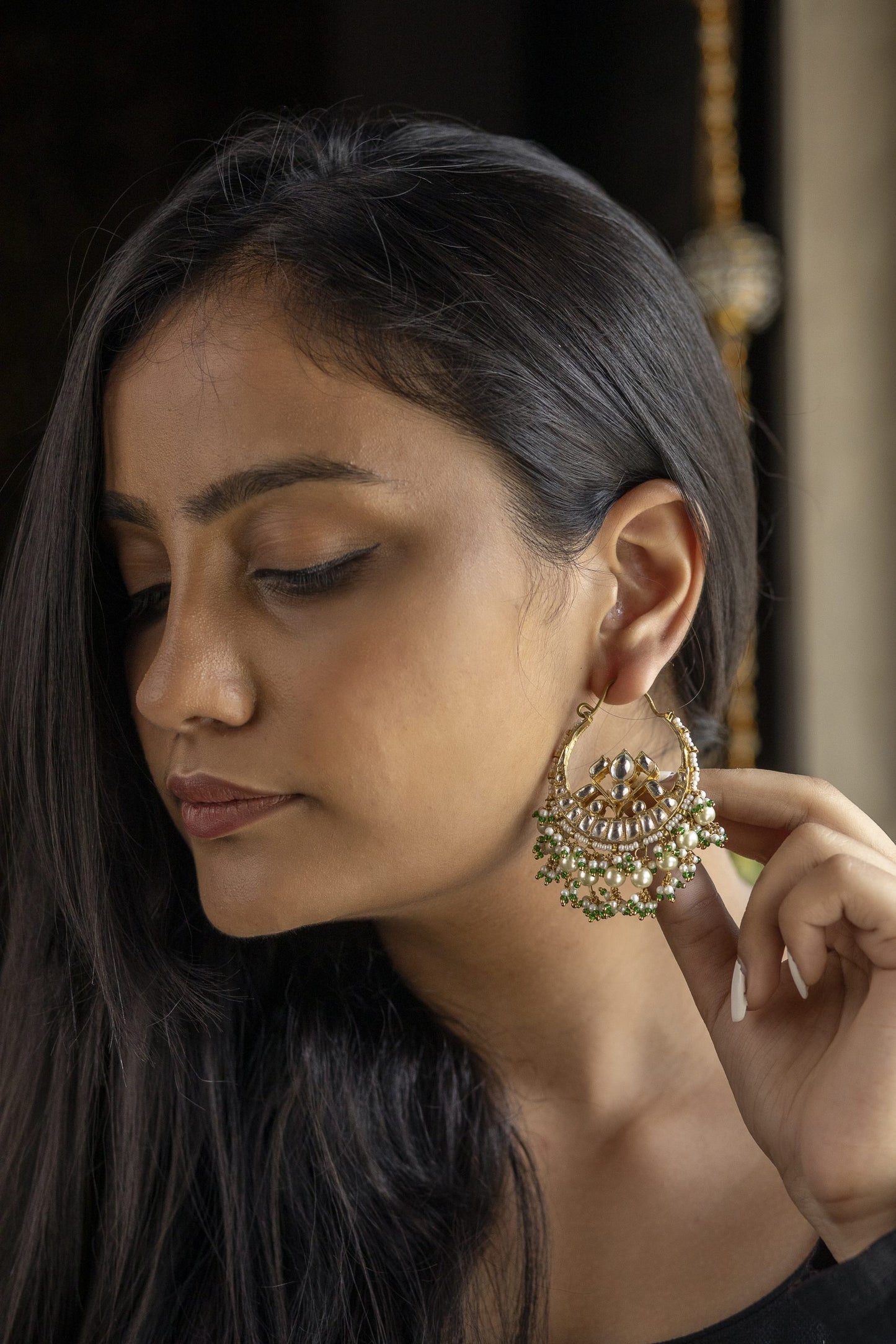 GREEN COLORED PEARL STUDDED BALI EARRINGS