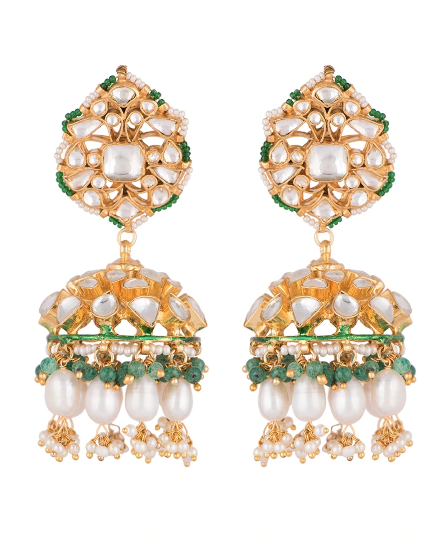 Jhumki earrings with white jadtar stones , beaded with pearls and emerald beads