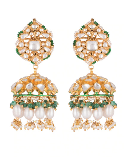 Jhumki earrings with white jadtar stones , beaded with pearls and emerald beads